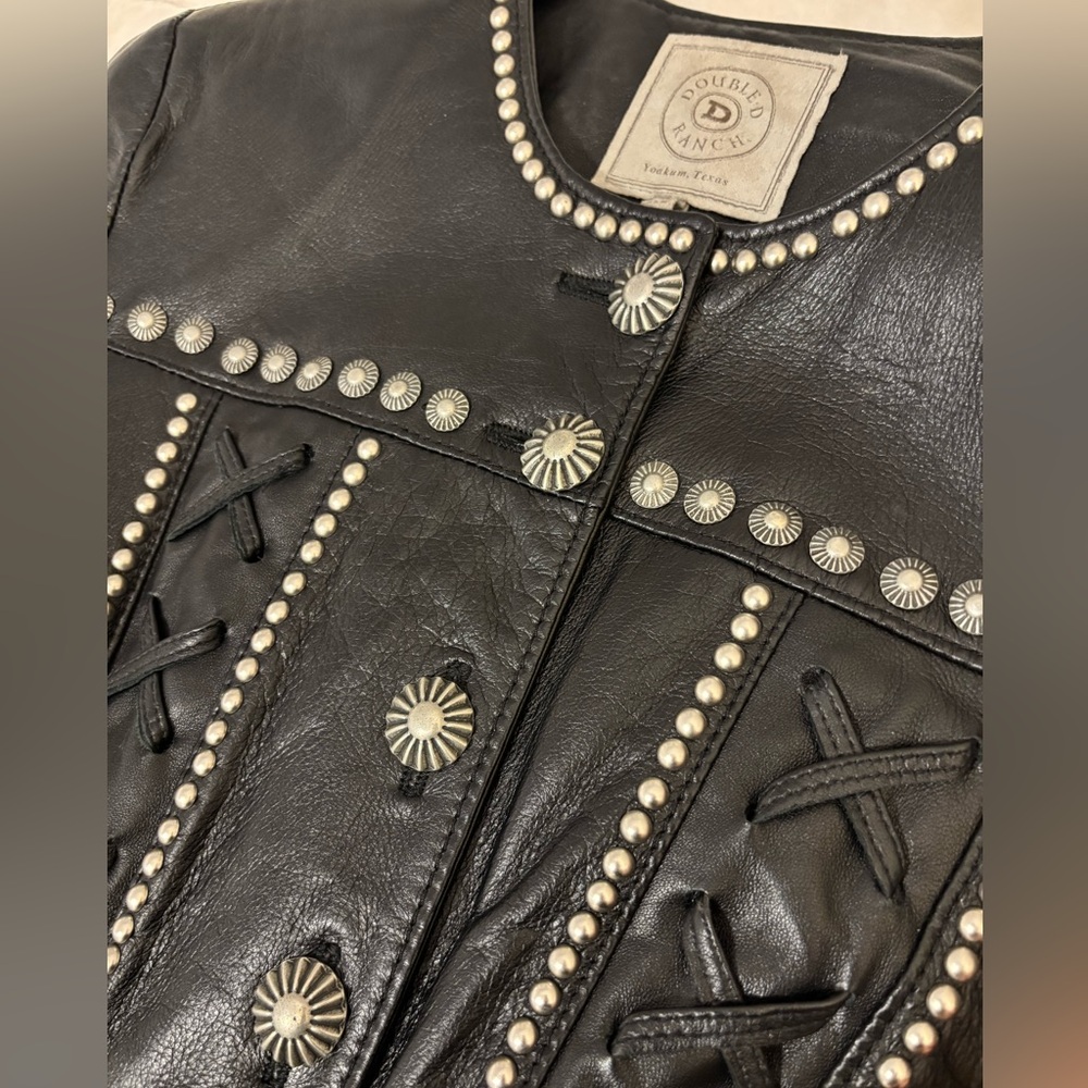 Double D Ranch Leather Jacket Conchos Studs Lace-Up Sz XS Black Vintage